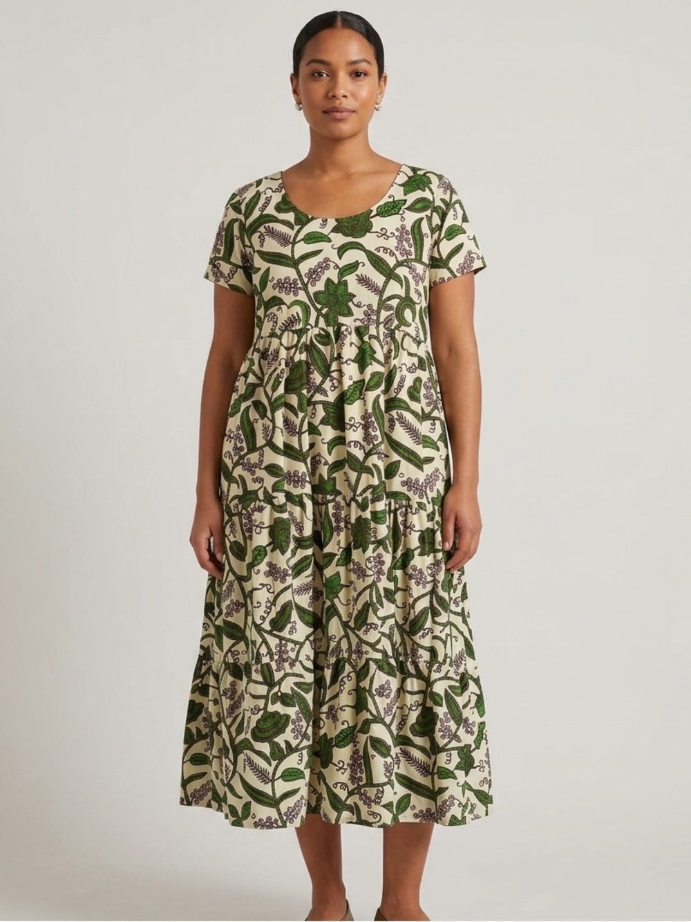 Batik Boutik Sz S Batik Green Print Floral Tiered Relaxed Midi Dress